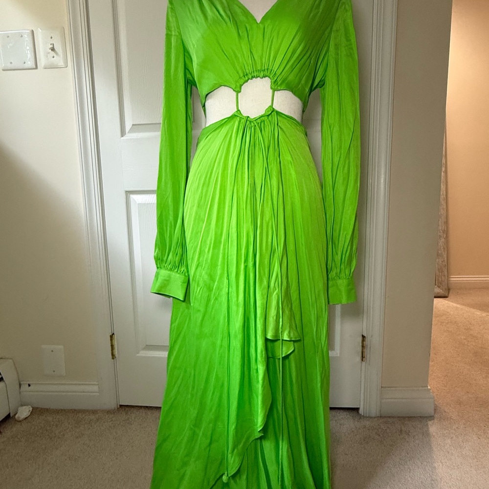 FARM Rio Green Pleated Tiered Gown with Bishop Sleeves